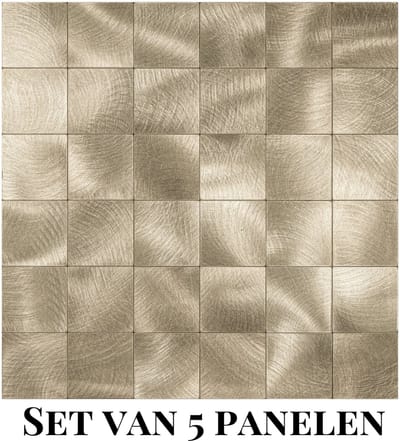 Wallways Wandpanelen - Plaktegels - Set van 5 Tegels - Tegelsticker - Zelfklevende Tegels - 4MM dik - Aluminium toplaag - Waterdicht - Krasbestendig - Hittebestendig - 3M Kleeflaag - Geborsteld Goud