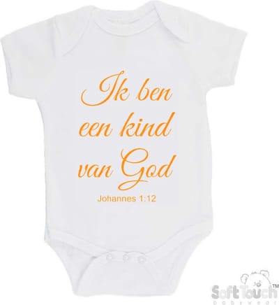 100% katoenen Romper "Ik ben een kind van God Johannes 1:12" Unisex Katoen Wit/mosterd Maat 56/62