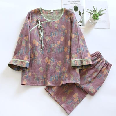 Nieuwe Lente/Zomer Dames Pyjama Set met Chinese Stijl Knoopsluiting 100% Zuiver Katoen Negenkwart Mouw Retro Huis Fury Set XL gray