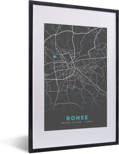 Fotolijst incl. Poster - België – Ronse – Stadskaart – Kaart – Blauw – Plattegrond - 40x60 cm - Posterlijst