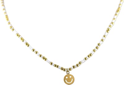 CO88 Collection 8CN-26307 Stalen Ketting met Kralen - Dames - Goudkleurig - 3 mm - Wit - 2,5 mm - Smiley - 10 mm - Lengte 70 + 7 cm