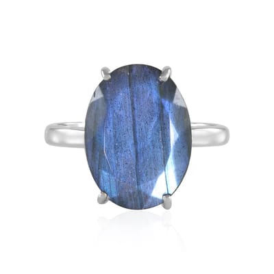 Cavill - Ring 925 Sterling Zilver Geplatineerd - Labradoriet Ovaal 6 89 ct - Tijdloos Luxe Damesring Natuurlijke Edelsteen