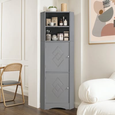 Intebiki Opbergkast - Badkamermeubel - Hoekkast met twee opbergvakken - Open vakken met verstelbare planken - Water- en vochtbestendig - 36,5 x 36,5 x 155 cm - Lichtgrijs