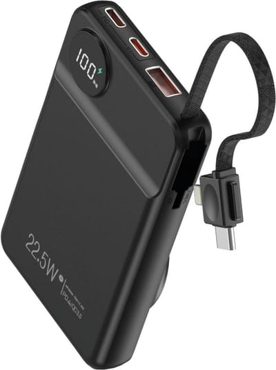 Multi Powerbank met Ingebouwde Kabels - Geschikt voor iPhone 15, iPhone 16 Series en Watch SE, Ultra Series en 1 t/m 10 - Inclusief 8-PIN Aansluiting + USB C Aansluiting - Draadloze Powerbank - 22.5W Vermogen - LED Display - Zwart