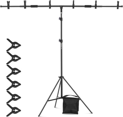 Professionele 7x9ft T-vormige achtergrondstand met 6 spanklemmen, zandzak en draagtas, verstelbare tripod voor fotografie en videoproductie
