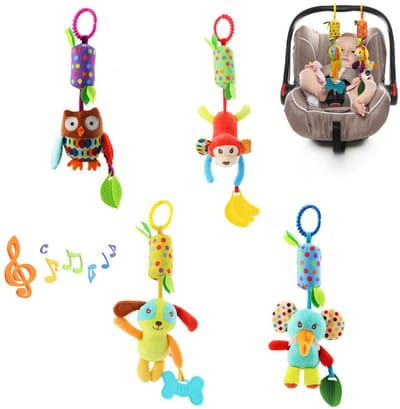 4 Stuks - Hangspeeltje - Kinderwagen speeltje - Wagenspanner - Rammelaar - Windgong - Baby Boxmobiel - Mobiel Dieren - Baby speelgoed - Knuffeldier - Muziekhanger Baby - Decoratie voor boven Bed, Box, Babykamer Accessoire - Baby cadeau - Stijl A