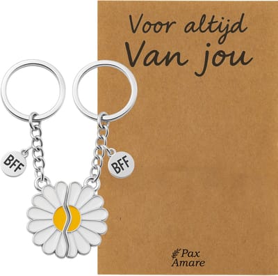 Koppel Sleutelhanger voor 2 'Voor altijd van jou' - Magnetische Bloem - Sleutelhanger set op Cadeau Kaartje - Zilverkleurig - Persoonlijke Hanger - Pax Amare