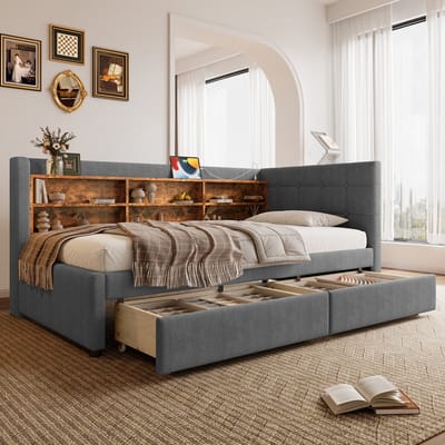 Slaapbank, Dagbed 90*200 cm, met 2 Lades, USB + Type C, Meerdere Opbergvakken, Bed met Lattenbodem (Zonder Matras)-Grey