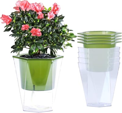 KZQ Zelfwatergevende Bloempot 5 Stuks 13cm, Plantenpot met Doorzichtige Binnenpot, Binnen Bloempot voor Kruiden en Bloemen (Groen)