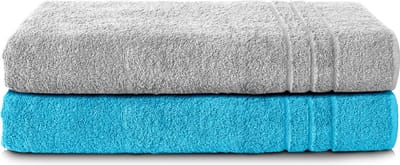 Komfortec Set van 2 Handdoeken 80x200 cm - 100% Katoen - XXL Saunahanddoeken - Badlaken - Strandlaken - Badhanddoek- Douchelaken - Zacht - Hoge Absorptie - Sneldrogend - Zilvergrijs&Turquoise.
