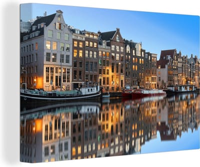 Canvas Schilderij Het stille water van de Prinsengracht van Amsterdam - 30x20 cm - Wanddecoratie