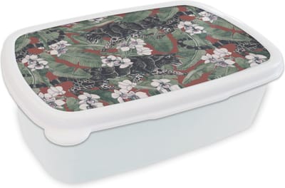 Broodtrommel Wit - Lunchbox - Brooddoos - Jungle - Bloem - Panter - Patronen - 18x12x6 cm - Volwassenen