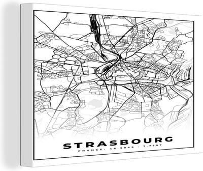 Canvas Schilderij Frankrijk - Kaart - Strasbourg - Plattegrond - Stadskaart - Zwart wit - 30x20 cm - Wanddecoratie