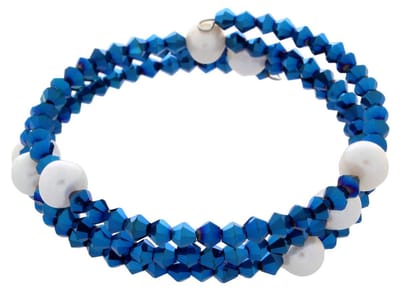 Zoetwater parel armband Pearl W Metalic Blue - echte parels - glaskristallen - wit - blauw - wikkelarmband - luxe sieraden zakje - parel armband dames - zoetwaterparel