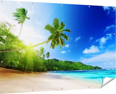 Gards Tuinposter Strand tijdens Zonsondergang in Seychellen - 180x120 cm - Tuindoek - Tuindecoratie - Wanddecoratie buiten - Tuinschilderij