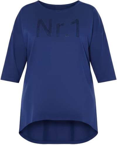 Angel of Style - Dames - Longshirt oversized "No. 1"-motief van siersteentjes - Donkerblauw - Maat 46+