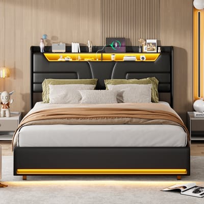 Opbergbed 140x200 met LED & USB – Zwart PU Bedframe met Stopcontact en Opbergruimte