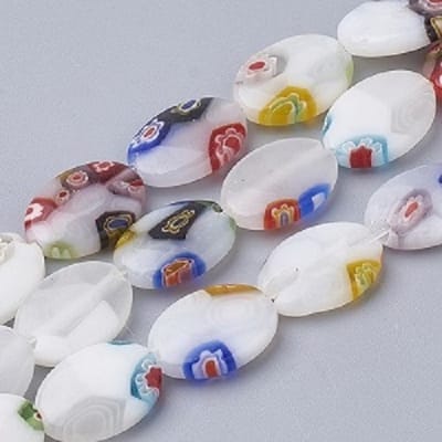 Millefiori glas, Venetië, witte Lampwork kralen met Millefiori, ovaal 14x10mm. Verkocht per streng van ca. 38cm