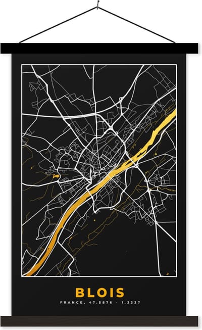 Posterhanger incl. Poster 40x60 cm - Schoolplaat - Stadskaart – Blois - Plattegrond – Kaart – Frankrijk - Textielposter - Zwarte latten - Stadskaart