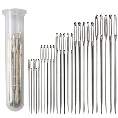Zilverkleurige borduurnaalden set – borduurnaalden dames en heren – 25 stuks – verschillende maten – groot oog – metalen naalden in plastic opberg buis – handwerken en borduren