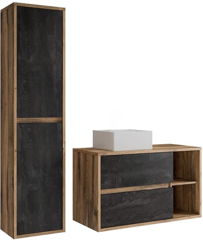 Vente-unique Zwevend badkamermeubel met waskom en kolom - Naturel en antraciet - 100 cm - TIKITKI