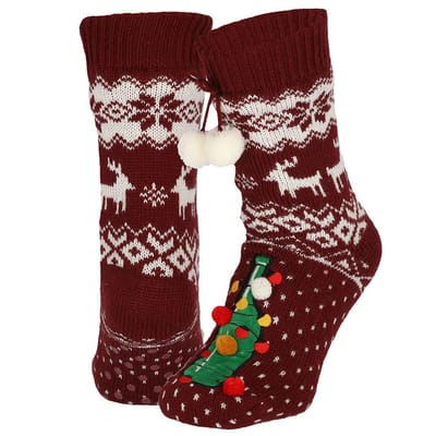 Morethansocks - Huissokken kerst dames - Pompons - Bordeaux - Fluffy sokken kerst - anti slip sokken kerst - Huissloffen kerst - kerstsokken dames