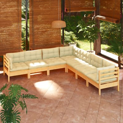 vidaXL - 7-delige - Loungeset - met - crèmekleurige - kussens - massief - grenenhout