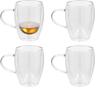 Gerimport Theeglazen Plano - 4x - dubbelwandig - borosilicaatglas - 350 ml - H11,5 cm - koffieglas