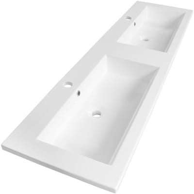 Brauer Solar Slim Wastafel - 160 cm - met 2 Spoelbakken en 2 Kraangaten - Mineraalmarmer Zijdeglans Wit