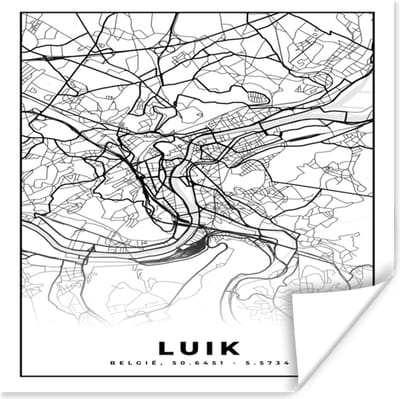 Poster Stadskaart – Zwart Wit - Kaart – Luik – België – Plattegrond - 100x100 cm XXL
