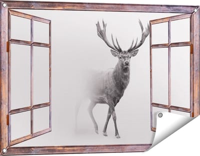 Gards Tuinposter Doorkijk Hert - Zwart Wit - 90x60 cm - Tuindoek - Tuindecoratie - Wanddecoratie buiten - Tuinschilderij