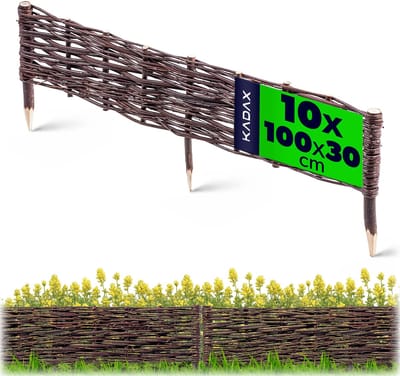 KADAX Palissade van wilgentenen, natuurlijk wilgenhek, handgemaakt wilgenvlechthek, tuinhek voor paden en bloembedden, omheining gazonrand (10 stuks 100 x 30 cm)