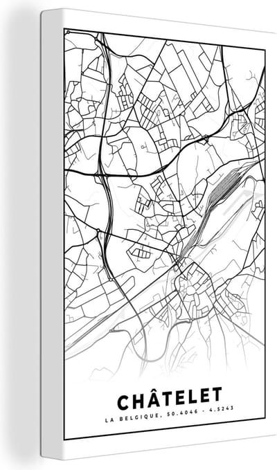 Canvas Schilderij Zwart Wit – België – Plattegrond – Stadskaart – Kaart – Châtelet - 20x30 cm - Wanddecoratie