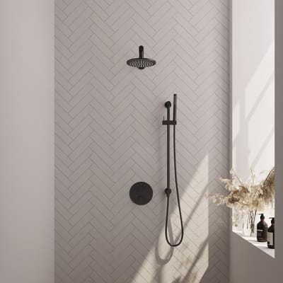Brauer Black Edition thermostatische inbouw regendouche 3-weg rond SET 85 met 20 cm douchekop en rechte muurarm en staaf handdouche en doucheslang en geïntegreerde glijstang mat zwart