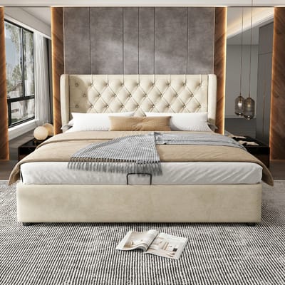 VVBV Gestoffeerd Tweepersoonsbed 180x200 cm Fluweel Beige, met Opbergruimte, Hydraulisch Opklapbaar, Lattenbodem en Hoofdbord