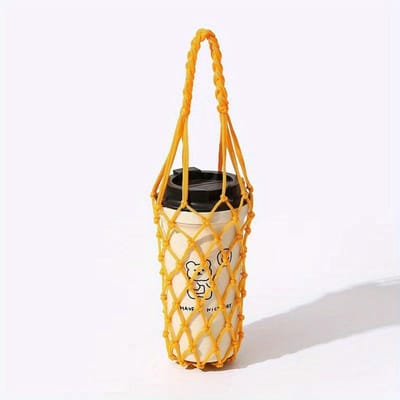 1 stuks Handgemaakte Nylon Netzak, Herbruikbare Drankhouder, Koffiekophouder, Draagbare Drankdrager, Decoratieve Netzak Yellow beige