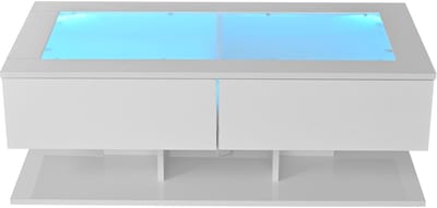 MODFU Witte hoogglans salontafel 100x50x35 cm met lade, LED-verlichting en glazen tafelblad