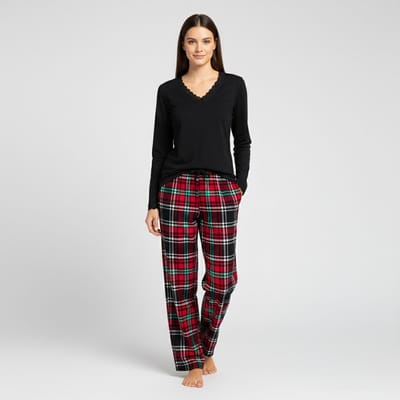 La-V pyjamaset voor dames met geruite flanel broek en V hals met kant contrast Zwart/Rood S