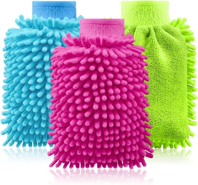 3x washandschoen voor auto en huishouden - microvezelhandschoen - chenillehandschoen - poetshandschoen voor autoverzorging, autowassen en glazenwassen (3-delig - blauw/roze/neongroen)