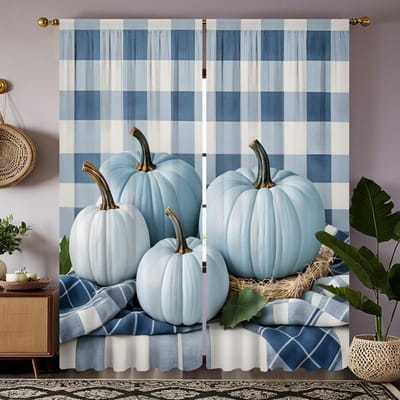 2 stuks HD zwart blauw ruit vier pompoen gordijnen Blauwe band digitaal bedrukte gordijnen Huisdecoratie stijl Woonkamer decoreren W52H63inchW132H160cm white