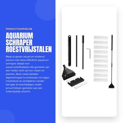 Aquariumreiniger Schraper - Roestvrijstalen Algenschraper - Glazen Aquaria - 10 Vervangende Messen - 62 cm - Krasvrij en scherp - Aquariumschraper