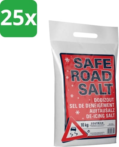 Strooizout en Dooizout 10 kg – Dooizout voor Gladheidsbestrijding – Lichte Verpakking – 10 kg - Zout voor op de weg - Voordeelverpakking - 25 stuks - Strooizout - Dooizout - Ijsbestrijding - Sneeuwbestrijding - Preventief Strooien