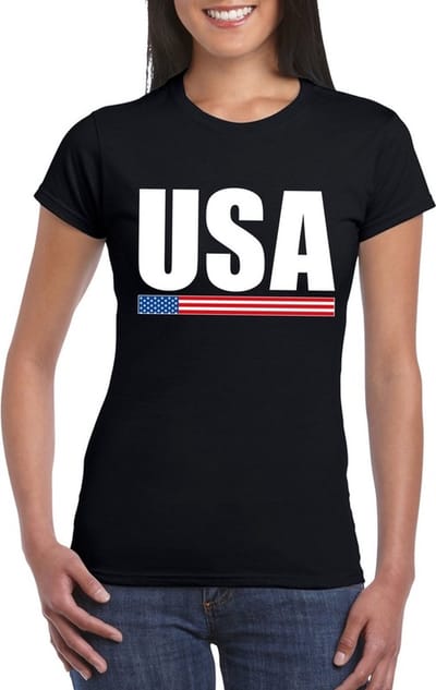 USA / Amerika supporters kleding t-shirt - voor dames - zwart - met vlag kleuren print - korte mouwen S