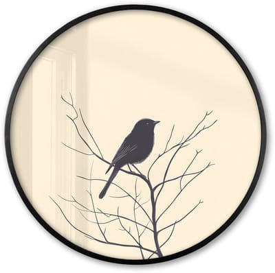 Poster in lijst Rond - Fotolijst 60x60 cm - Posters - Vogel - Zwart - Tak - Minimalistisch - Ronde posterlijst zwart - Decoratie - Wanddecoratie woonkamer - Muurdecoratie slaapkamer
