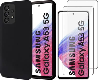Hoesje geschikt voor Samsung Galaxy A53 - Matte Back Cover Microvezel Siliconen Case Hoes Zwart - 2x Tempered Glass Screenprotector