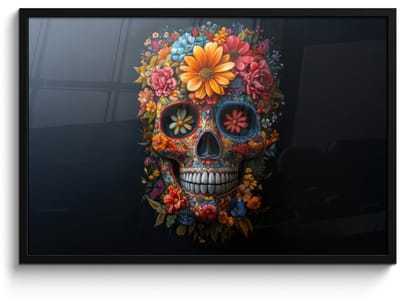 Poster in lijst - Fotolijst 90x60 cm - Posters - Bloemen - Kleurrijk - Schedel - Posterlijst zwart - Decoratie - Wanddecoratie woonkamer - Muurdecoratie slaapkamer