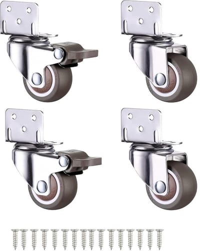 zwenkwielen set van 4 - Zwenkwielen - Silent Caster - 2 Met Rem + 2 Zonder Rem - 1,25" - met Schroeven - L-beugel - zwenkwielen met rem - Rubberen - zilver en bruin - zijmontage - voor meubelpoten