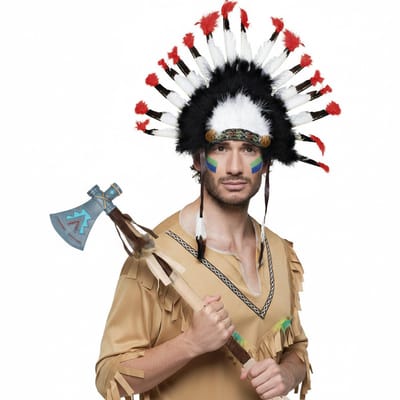 Indianen verkleed accessoires set - Veren tooi en tomahawk bijl - met ornamenten - voor volwassenen