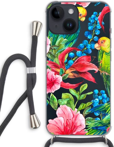 Case Company® - Hoesje met koord geschikt voor iPhone 14 hoesje met Koord - Papegaaien - Telefoonhoesje met Zwart Koord - Bescherming aan alle Kanten en Over de Schermrand