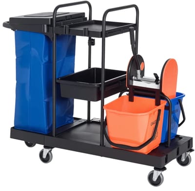 Schoonmaakkar - Reinigingswagen - Dweilwagen - Systeemwagen - Schoonmaakwagen - met 2 Dweil Emmers - Dweilkar - Schoonmaakemmer - met 4 Lichtlopende Wielen - met Dweilwringer en Opbergmand - Zwart+blauw+oranje